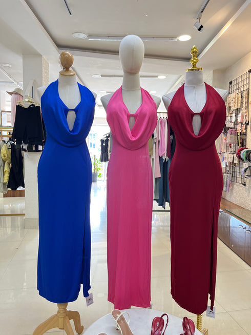 Stylist Backless Halter Neck Cowl Neckline Long Side Slit Dress